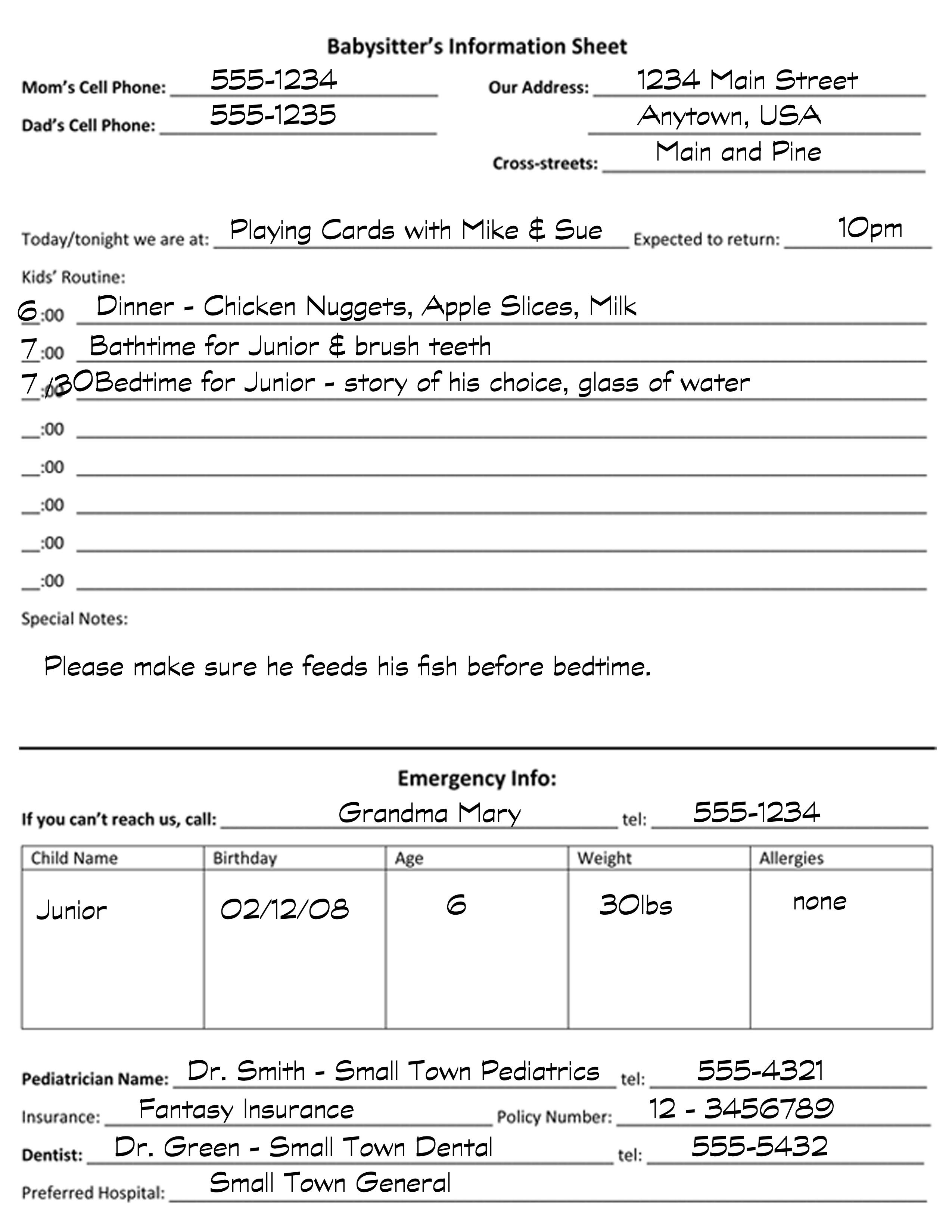 Babysitter Information Sheet