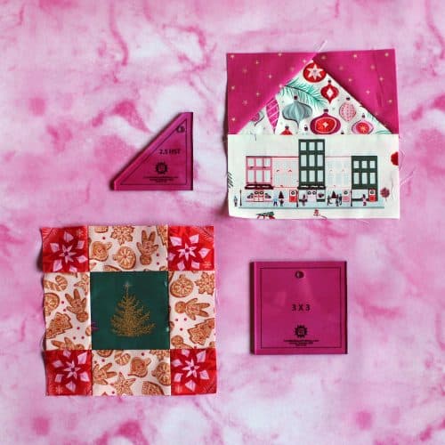 Two 6" quilt blocks with two quilt template pieces from the Mini Quilt Advent