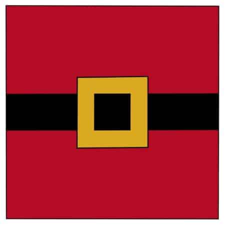 Santa's Belt Quilt Block - a Red quilt block with a gold belt buckle square in the center and black belt stripe